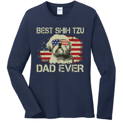 Men Best Shih Tzu Dad Ever T Dog Lover American Flag Gift Ladies Long Sleeve Shirt