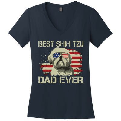 Men Best Shih Tzu Dad Ever T Dog Lover American Flag Gift Women's V-Neck T-Shirt