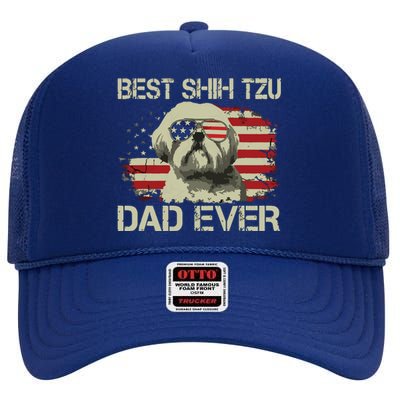 Men Best Shih Tzu Dad Ever T Dog Lover American Flag Gift High Crown Mesh Back Trucker Hat