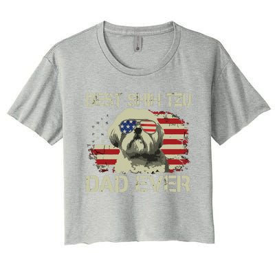 Men Best Shih Tzu Dad Ever T Dog Lover American Flag Gift Women's Crop Top Tee