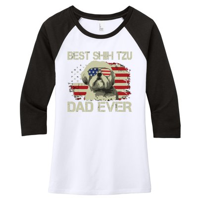 Men Best Shih Tzu Dad Ever T Dog Lover American Flag Gift Women's Tri-Blend 3/4-Sleeve Raglan Shirt