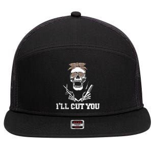 Messy Bun Skull Leopard Hairdresser I'll Cut You Halloween 7 Panel Mesh Trucker Snapback Hat