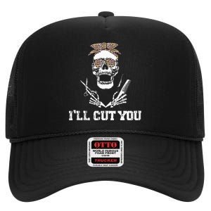 Messy Bun Skull Leopard Hairdresser I'll Cut You Halloween High Crown Mesh Back Trucker Hat