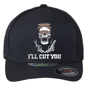 Messy Bun Skull Leopard Hairdresser I'll Cut You Halloween Flexfit Unipanel Trucker Cap