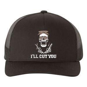 Messy Bun Skull Leopard Hairdresser I'll Cut You Halloween Yupoong Adult 5-Panel Trucker Hat