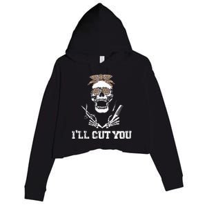 Messy Bun Skull Leopard Hairdresser I'll Cut You Halloween Crop Fleece Hoodie