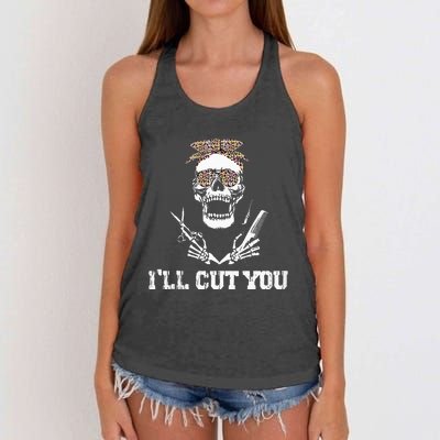 Messy Bun Skull Leopard Hairdresser I'll Cut You Halloween Women's Knotted Racerback Tank