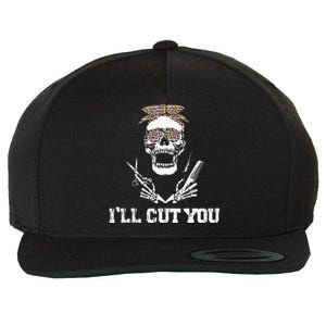 Messy Bun Skull Leopard Hairdresser I'll Cut You Halloween Wool Snapback Cap