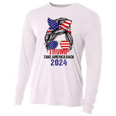 Messy Bun Support Trump 2024 Flag Take America Back Cooling Performance Long Sleeve Crew