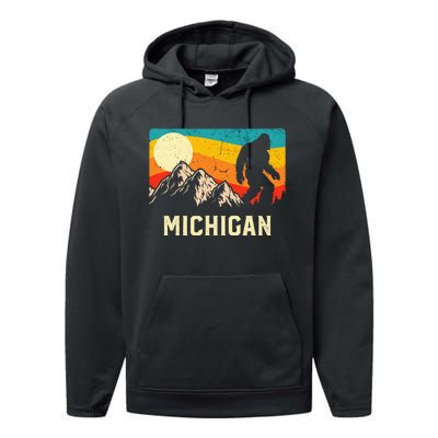 Michigan Bigfoot Sasquatch Mountains Retro Hiking  Performance Fleece Hoodie