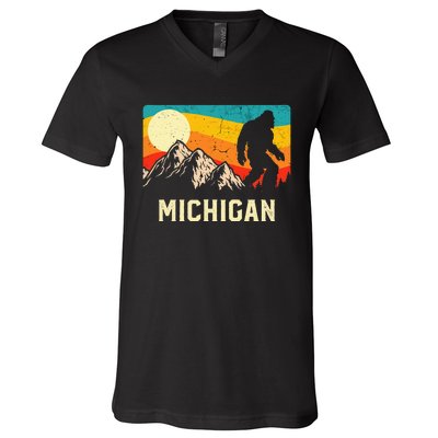 Michigan Bigfoot Sasquatch Mountains Retro Hiking  V-Neck T-Shirt