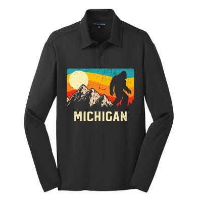 Michigan Bigfoot Sasquatch Mountains Retro Hiking  Silk Touch Performance Long Sleeve Polo