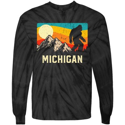 Michigan Bigfoot Sasquatch Mountains Retro Hiking  Tie-Dye Long Sleeve Shirt