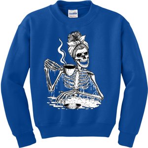 Messy Bun Skeleton Ing Coffee Halloween Skeleton Gift Kids Sweatshirt