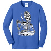 Messy Bun Skeleton Ing Coffee Halloween Skeleton Gift Kids Long Sleeve Shirt