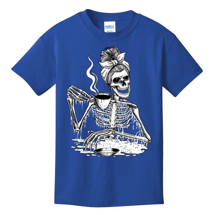 Messy Bun Skeleton Ing Coffee Halloween Skeleton Gift Kids T-Shirt