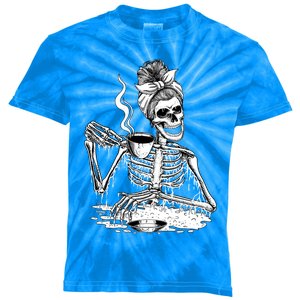 Messy Bun Skeleton Ing Coffee Halloween Skeleton Gift Kids Tie-Dye T-Shirt