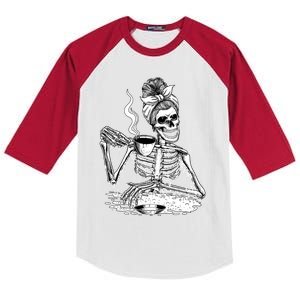 Messy Bun Skeleton Ing Coffee Halloween Skeleton Gift Kids Colorblock Raglan Jersey