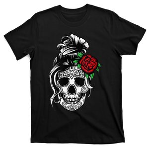 Messy Bun Skull Mom Halloween Dead Sugar Skull T-Shirt