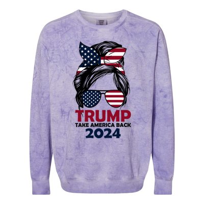 Messy Bun Support Trump 2024 Flag Take America Back Funny Gift Colorblast Crewneck Sweatshirt