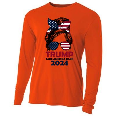 Messy Bun Support Trump 2024 Flag Take America Back Funny Gift Cooling Performance Long Sleeve Crew