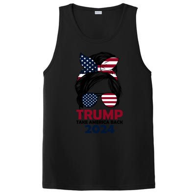 Messy Bun Support Trump 2024 Flag Take America Back Funny Gift PosiCharge Competitor Tank