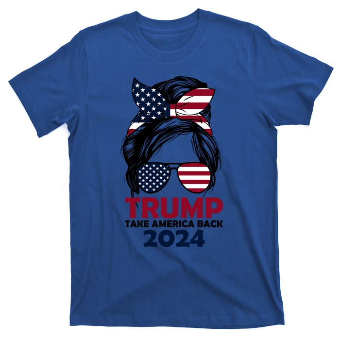 Messy Bun Support Trump 2024 Flag Take America Back Funny Gift T-Shirt