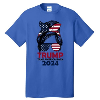 Messy Bun Support Trump 2024 Flag Take America Back Funny Gift Tall T-Shirt