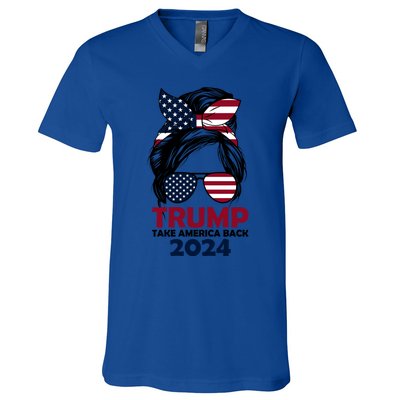 Messy Bun Support Trump 2024 Flag Take America Back Funny Gift V-Neck T-Shirt