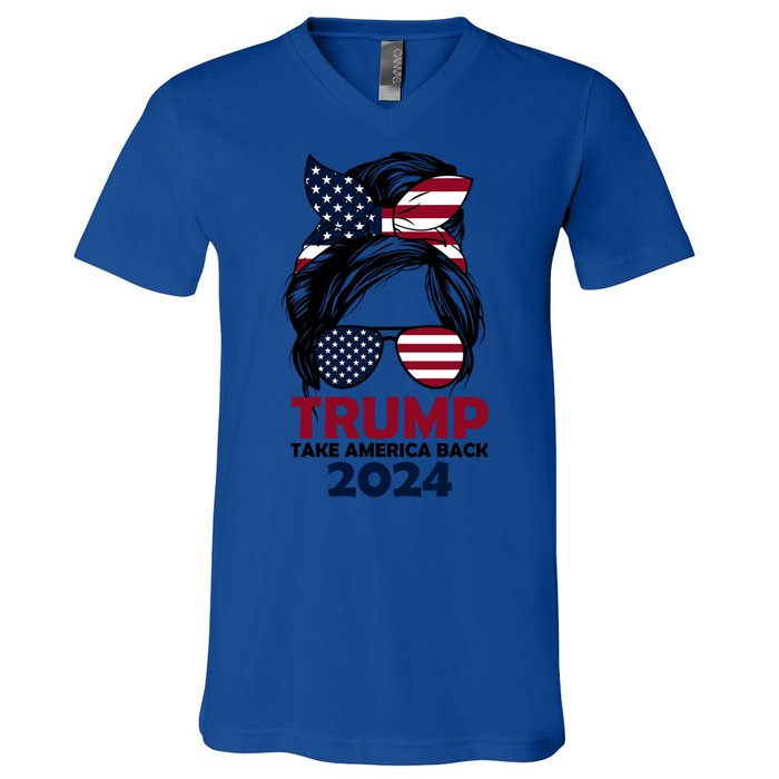 Messy Bun Support Trump 2024 Flag Take America Back Funny Gift V-Neck T-Shirt