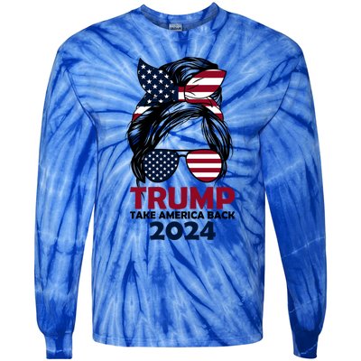 Messy Bun Support Trump 2024 Flag Take America Back Funny Gift Tie-Dye Long Sleeve Shirt