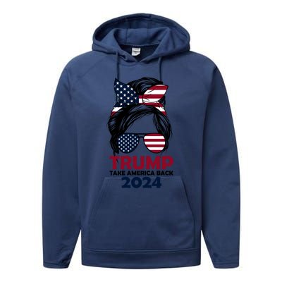 Messy Bun Support Trump 2024 Flag Take America Back Funny Gift Performance Fleece Hoodie