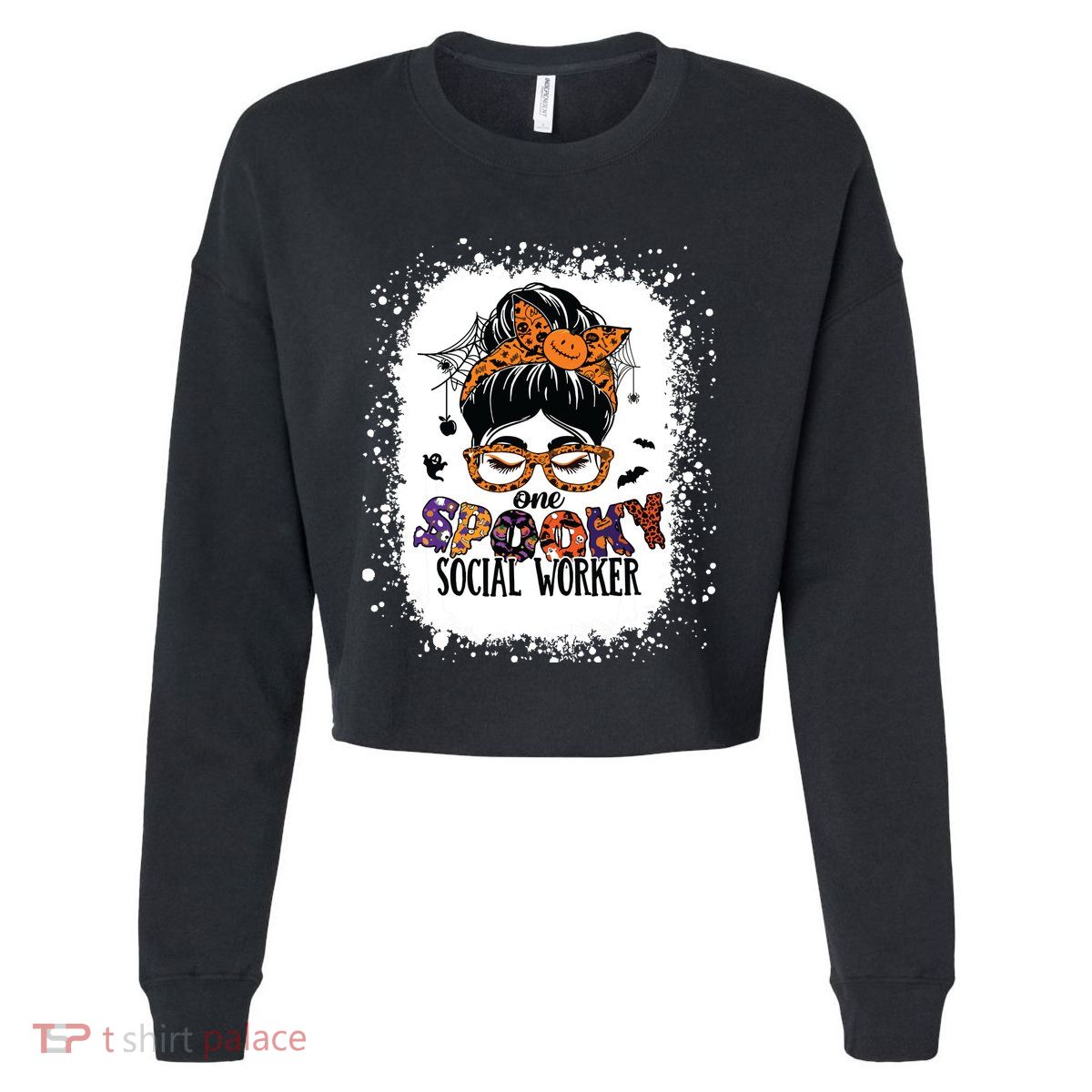Messy Bun Spooky Social Worker Women Halloween School Worker Cropped Pullover Crew