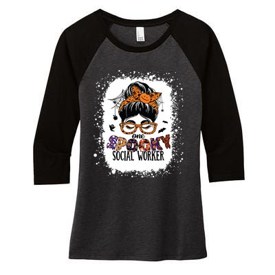 Messy Bun Spooky Social Worker Women Halloween School Worker Women's Tri-Blend 3/4-Sleeve Raglan Shirt