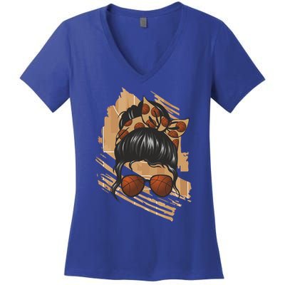 Messy Bun Sunglasses Basketball Mom Gift Women's V-Neck T-Shirt