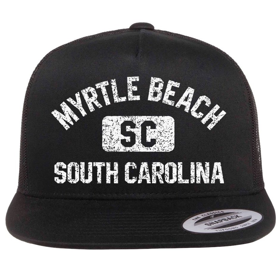Myrtle Beach SC Gym Style Distressed White  Flat Bill Trucker Hat