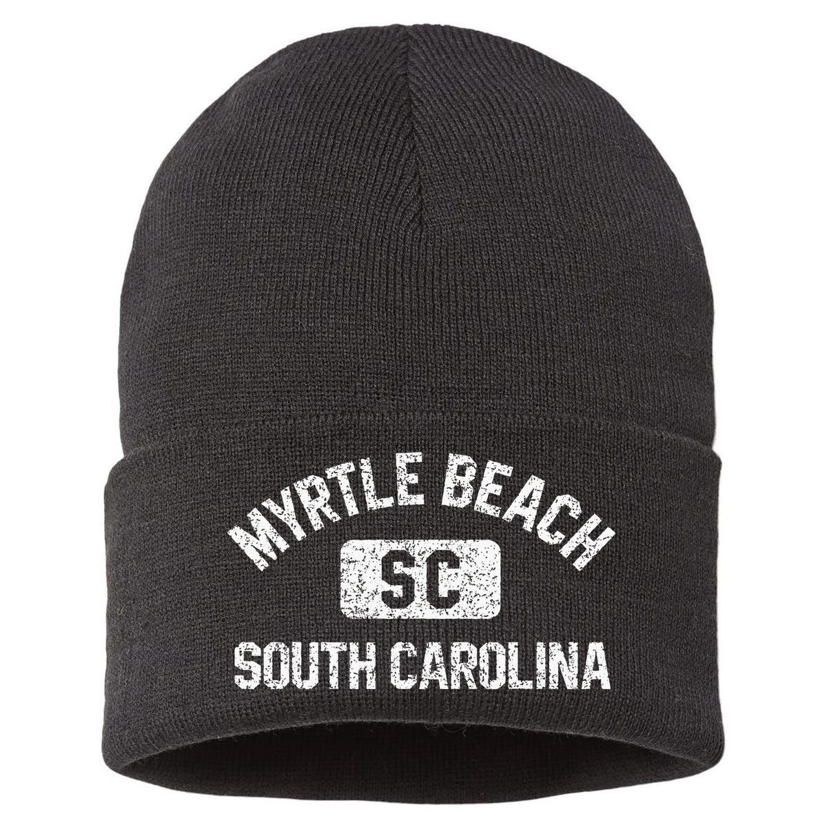 Myrtle Beach SC Gym Style Distressed White  Sustainable Knit Beanie