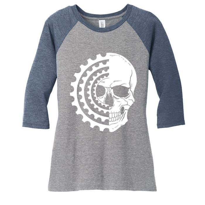 Mountain Biking Skull And Gear Vintage Women's Tri-Blend 3/4-Sleeve Raglan Shirt