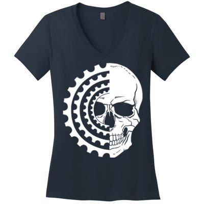 Mountain Biking Skull And Gear Vintage Women's V-Neck T-Shirt