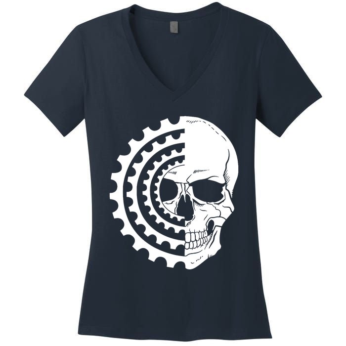 Mountain Biking Skull And Gear Vintage Women's V-Neck T-Shirt