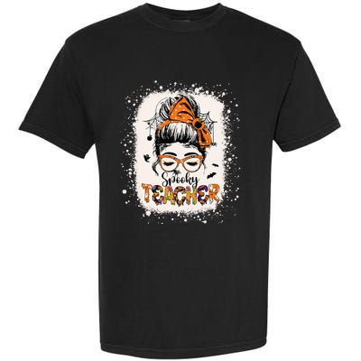 Messy Bun Spooky Teacher Bleached Halloween Teachers Garment-Dyed Heavyweight T-Shirt