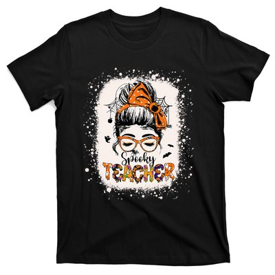 Messy Bun Spooky Teacher Bleached Halloween Teachers T-Shirt