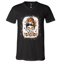 Messy Bun Spooky Teacher Bleached Halloween Teachers V-Neck T-Shirt