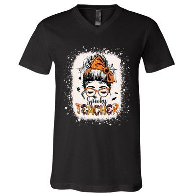 Messy Bun Spooky Teacher Bleached Halloween Teachers V-Neck T-Shirt