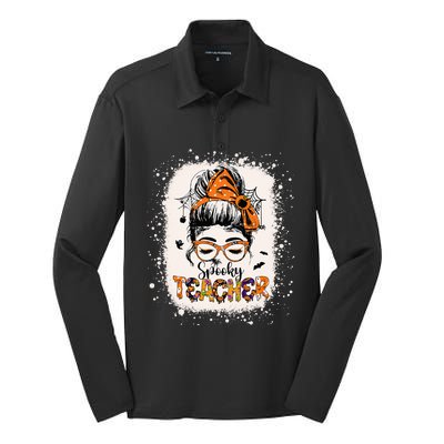 Messy Bun Spooky Teacher Bleached Halloween Teachers Silk Touch Performance Long Sleeve Polo