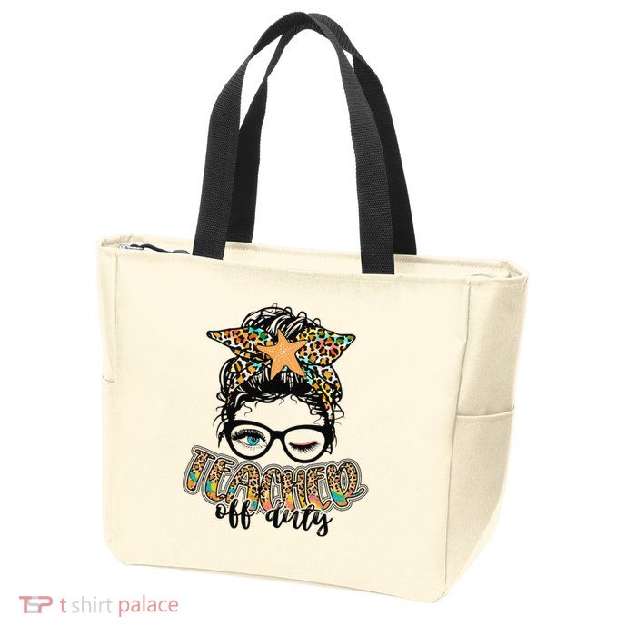 Messy Bun Summer Teacher Off Duty Leopard Zip Tote Bag