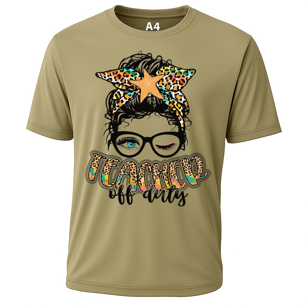 Messy Bun Summer Teacher Off Duty Leopard Cooling Performance Crew T-Shirt