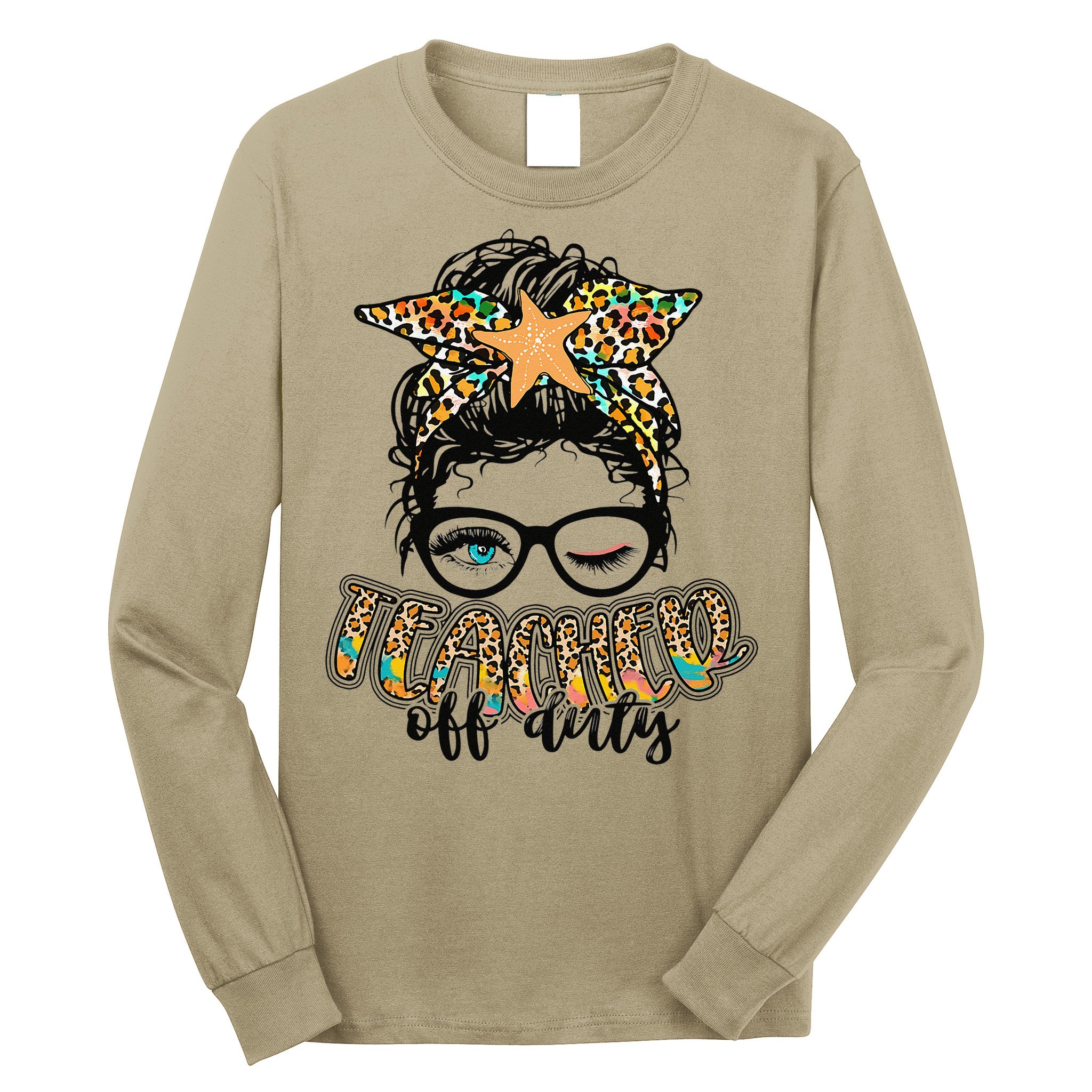 Messy Bun Summer Teacher Off Duty Leopard Long Sleeve Shirt
