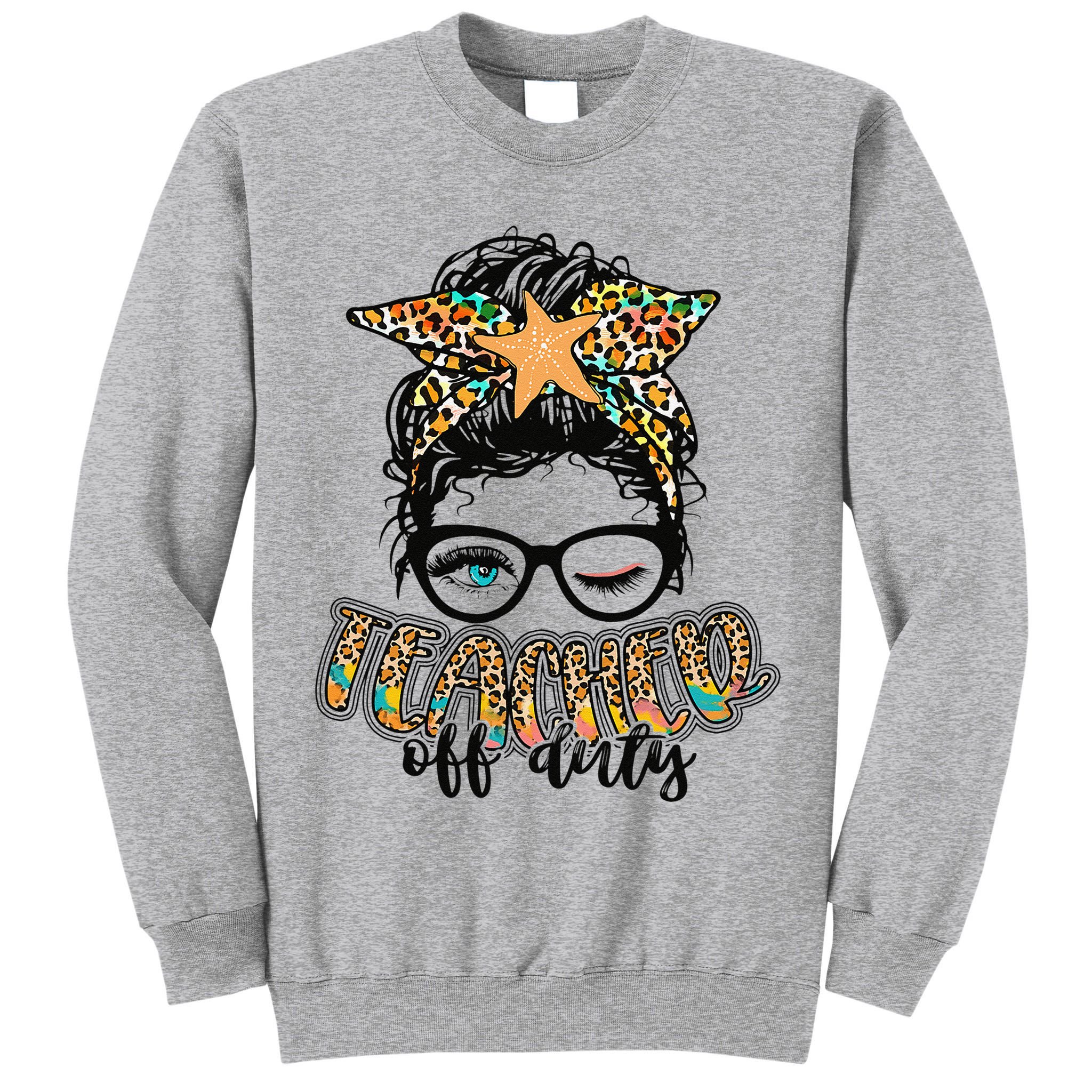 Messy Bun Summer Teacher Off Duty Leopard Tall Sweatshirt