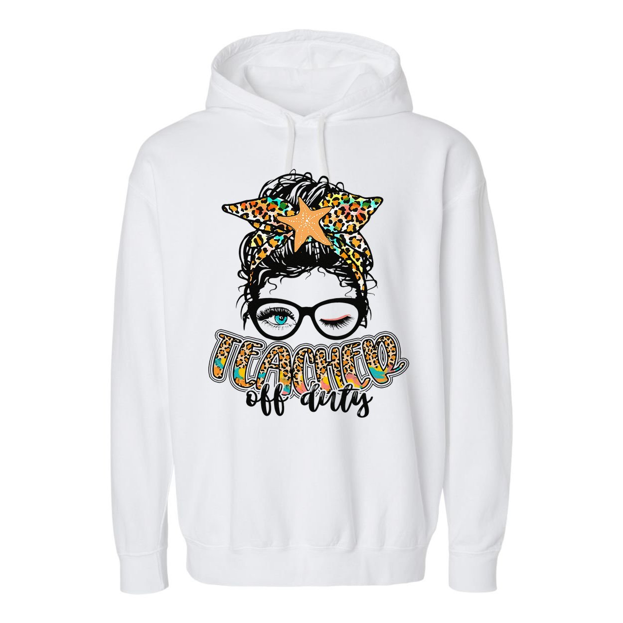 Messy Bun Summer Teacher Off Duty Leopard Garment-Dyed Fleece Hoodie